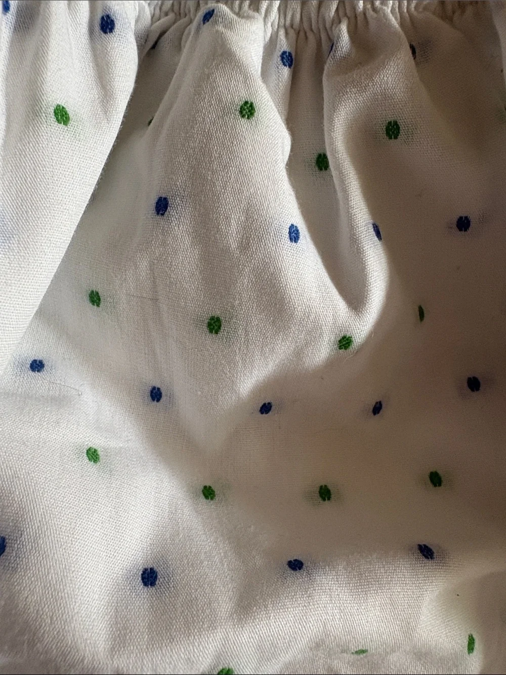 Brother & Sissy 3T White Two-Piece Set with Blue & Green Dot Trim and bloomers.